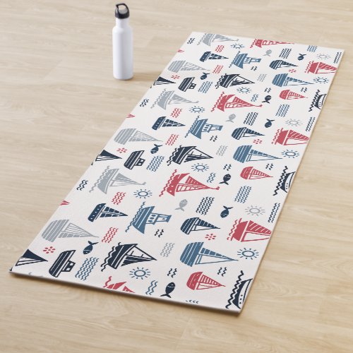 Nautical Pattern with Sailboats and Fish Yoga Mat