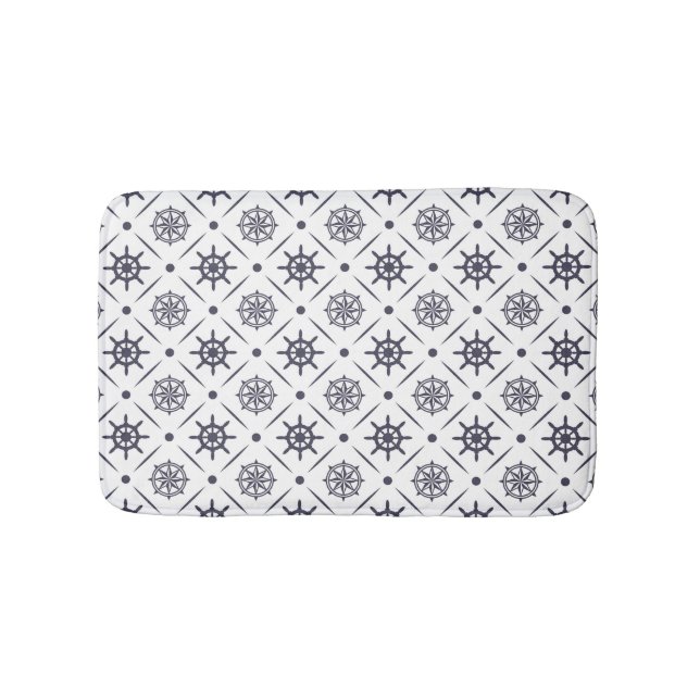 Nautical pattern with sailing wheel and compass bath mat (Front)