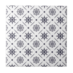 Nautical pattern with sailing wheel and compass ceramic tile