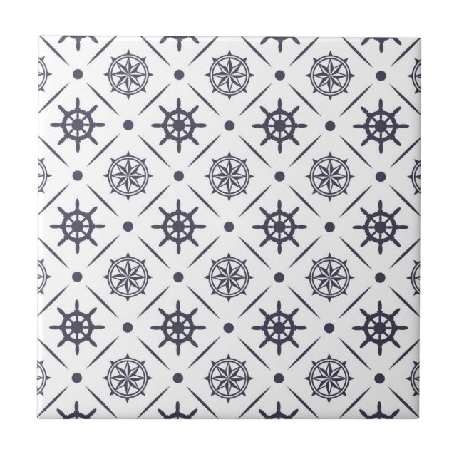Nautical pattern with sailing wheel and compass ceramic tile (Front)