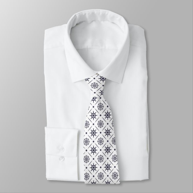 Nautical pattern with sailing wheel and compass neck tie (Tied)