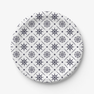 Nautical pattern with sailing wheel and compass paper plates