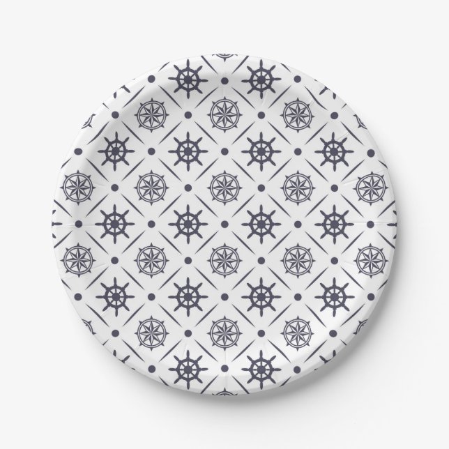 Nautical pattern with sailing wheel and compass paper plates (Front)