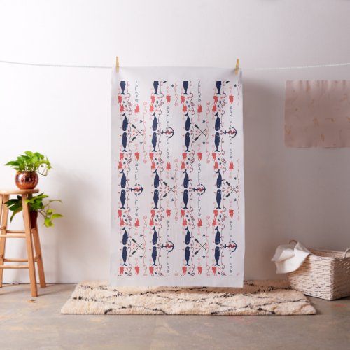 Nautical Peach Navy Blue Whales Ropes and Banner Fabric