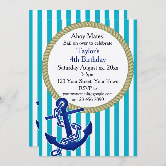 Nautical Personalized Birthday Party Invitation (Front/Back)