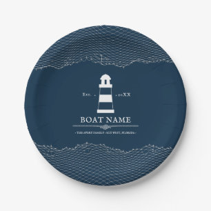 Nautical Personalized Blue lighthouse Boat Name Paper Plates