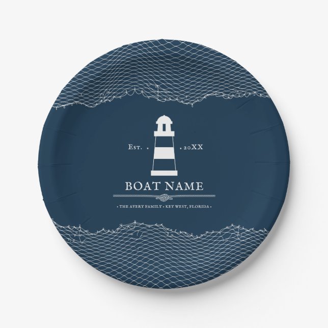 Nautical Personalized Blue lighthouse Boat Name  Paper Plates (Front)