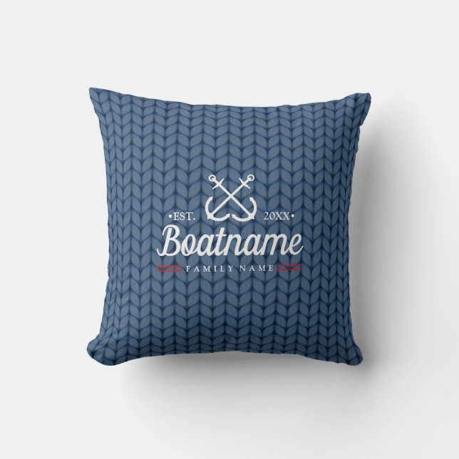 Nautical Personalized Boat Name Blue Wool Throw Pillow (Front)