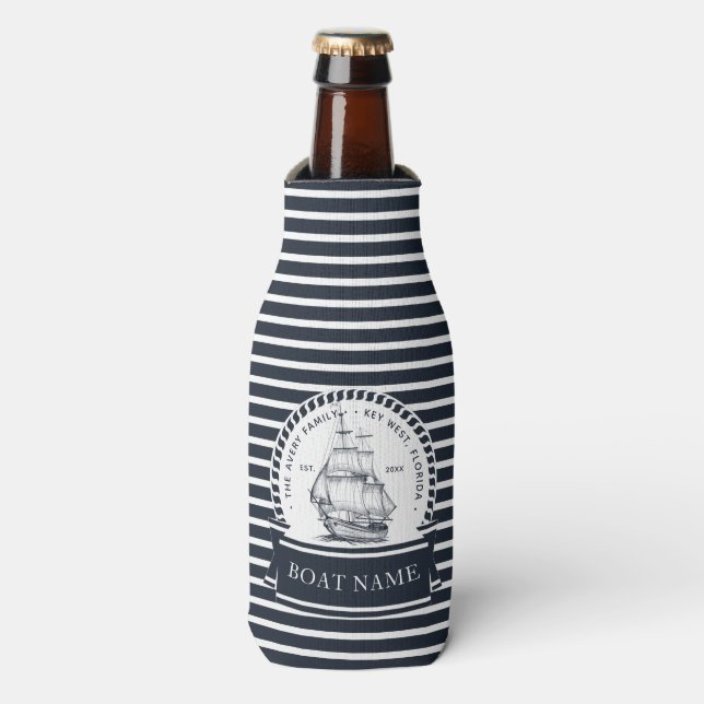 Nautical Personalized Family and Boat Name Bottle Cooler (Bottle Front)
