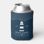 Nautical Personalized lighthouse Boat Name Blue Can Cooler (Can Front)