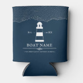 Nautical Personalized lighthouse Boat Name Blue Can Cooler (Front)