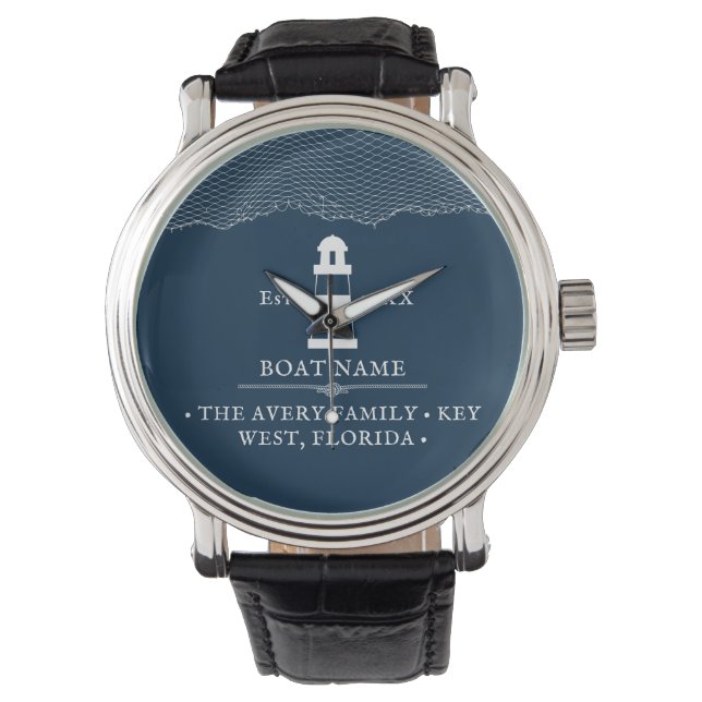 Nautical Personalized lighthouse Boat Navy Blue Watch (Front)