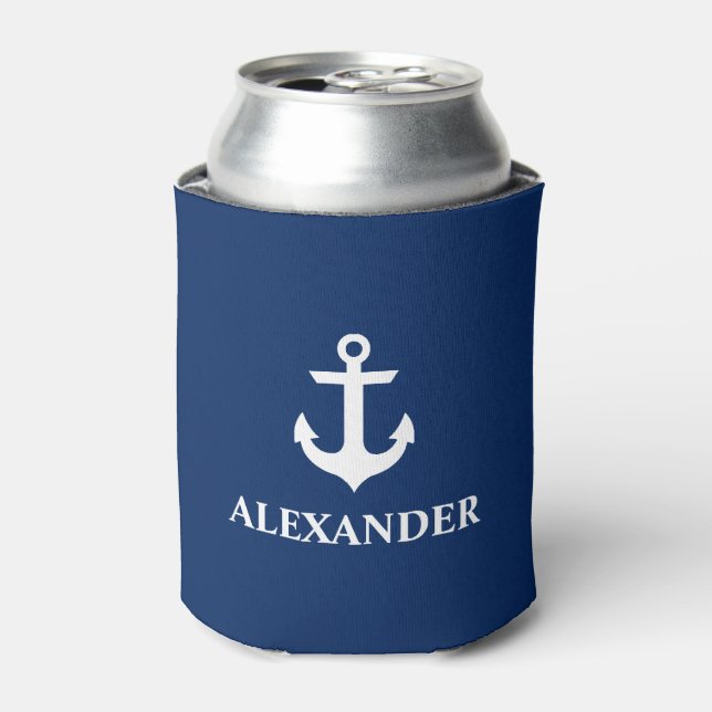 Nautical Personalized Name Anchor Navy Blue Can Cooler (Can Front)