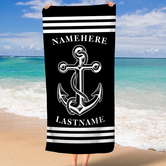 Nautical Personalized Name Black Anchor with Rope Beach Towel (Nautical Personalized Name Black Anchor with Rope Beach Towel)