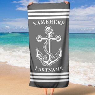 Nautical Personalized Name Gray Anchor with Rope Beach Towel