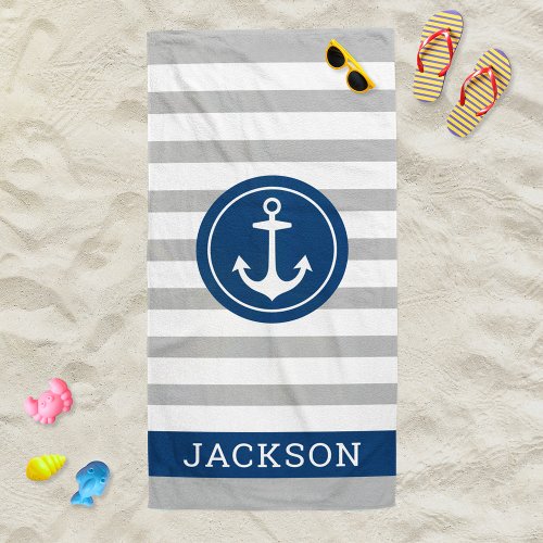 Nautical Personalized Name Navy Gray Striped Beach Towel