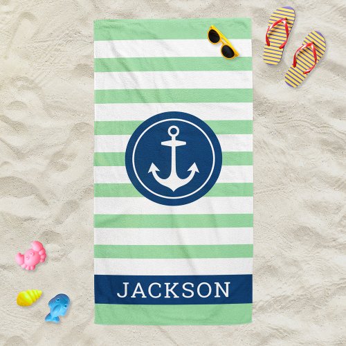 Nautical Personalized Name Navy Green Striped Beach Towel