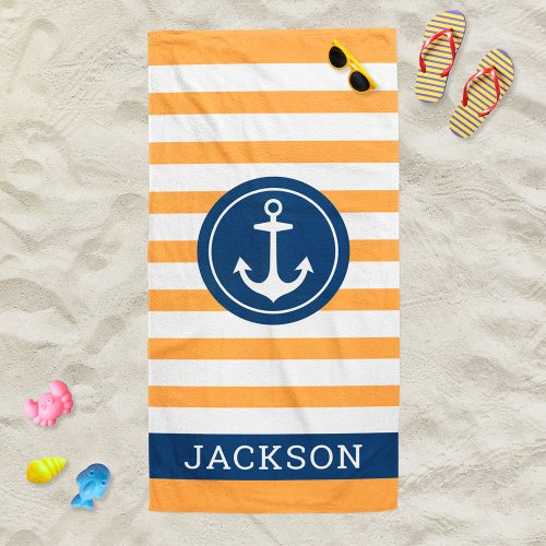 Nautical Personalized Name Navy Orange Striped Beach Towel