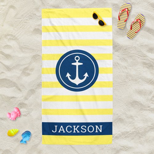 Nautical Personalized Name Navy Yellow Striped Beach Towel