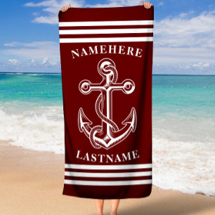 Nautical Personalized Name Red Anchor with Rope Beach Towel