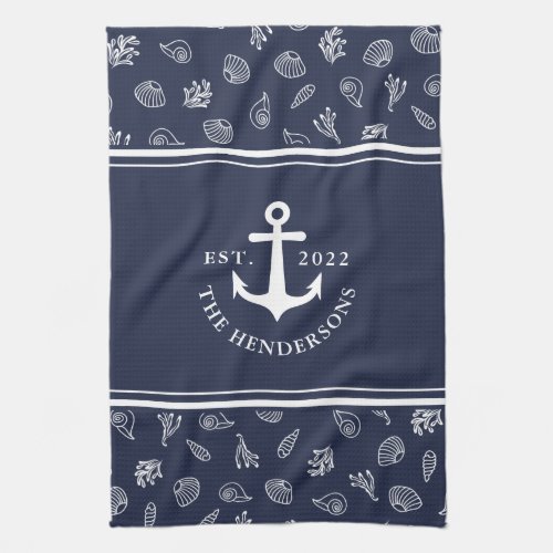 Nautical Personalized Navy Blue Anchor Family Kitchen Towel