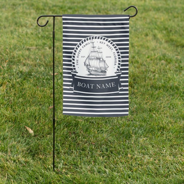 Nautical Personalized Navy Blue Boat Garden Flag (In SItu)
