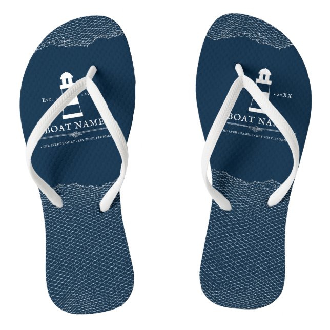 Nautical Personalized Navy Blue lighthouse Boat Flip Flops (Footbed)