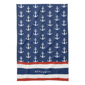 Nautical Personalized Navy Blue Red White Anchor Kitchen Towel