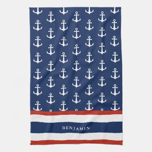 Nautical Personalized Navy Blue Red White Anchor Kitchen Towel