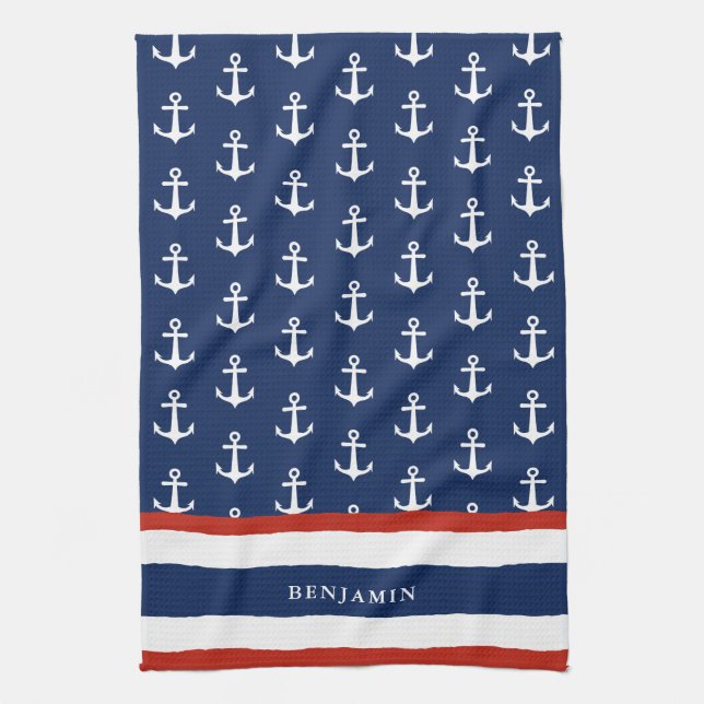 Nautical Personalized Navy Blue Red White Anchor Kitchen Towel (Vertical)