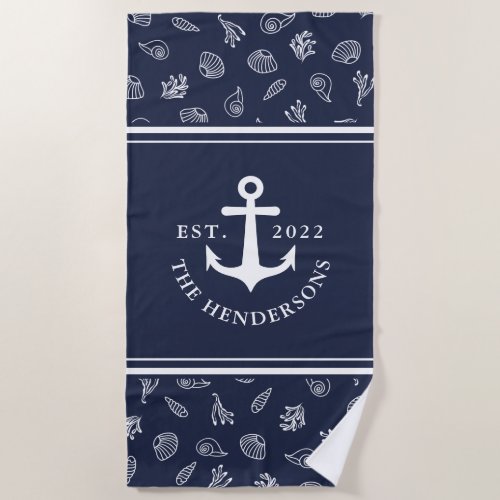 Nautical Personalized Navy Blue White Anchor Beach Towel