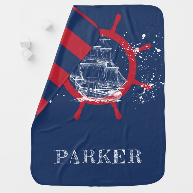 Nautical Personalized Sailboat Blue Baby Blanket (In Situ)