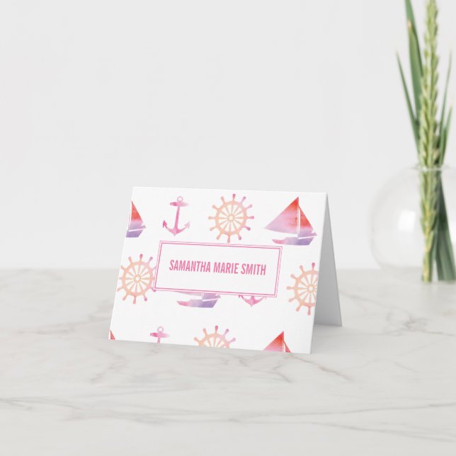 Nautical Personalized Watercolor Pink Stationery Note Card (Front)