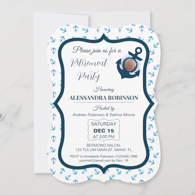 Nautical Photo Anchor & Navy Blue tones Retirement Invitation (Front)