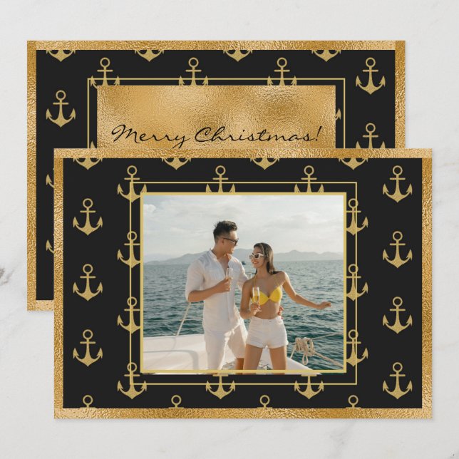 Nautical Photo Gold Anchors Christmas Card (Front/Back)