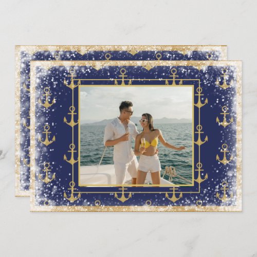 Nautical Photo Gold Blue Christmas Xmas Card