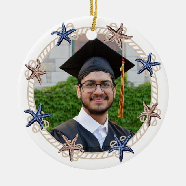 Nautical Photo Navy Blue White stripes Graduation  Ceramic Ornament (Front)