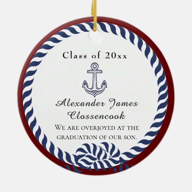 Nautical Photo Navy Blue White stripes Graduation  Ceramic Ornament (Back)