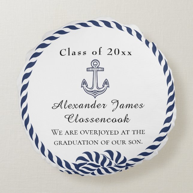 Nautical Photo Navy Blue White stripes Graduation Round Pillow (Back)