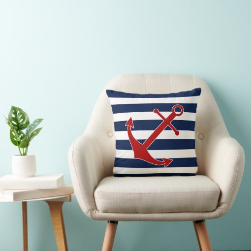 Nautical Pillow, Anchor, Blue and White Maritime Throw Pillow Zazzle