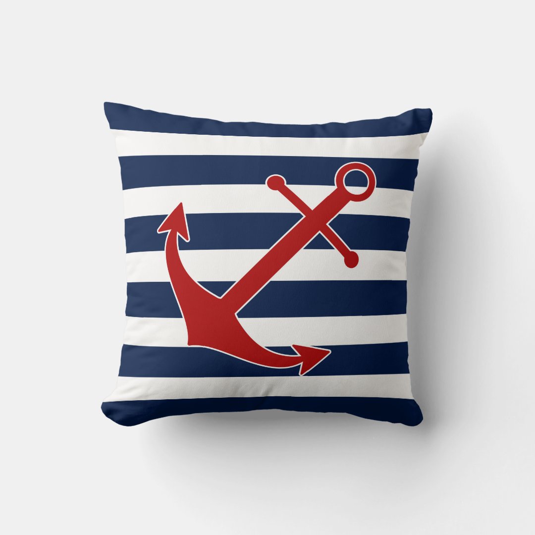 Nautical Pillow, Anchor, Blue and White Maritime Throw Pillow Zazzle