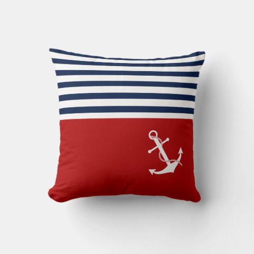 Nautical Pillow Blue White Red Stripes Anchor Throw Pillow