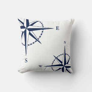 Nautical Pillow, Compass, Blue, White, Maritime Throw Pillow