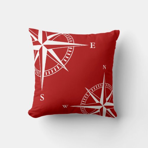 Nautical Pillow Compass Red and White Maritime Throw Pillow