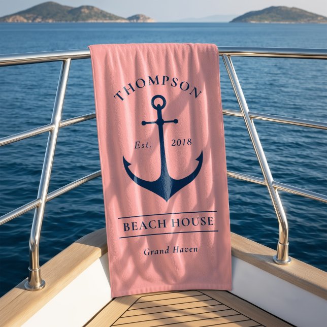Nautical Pink Anchor Beach House Monogram Towel (Creator Uploaded)