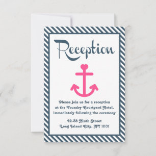 Nautical Pink Anchor Blue & White Stripe Reception Invitation