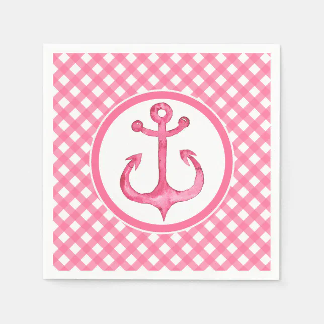 Nautical Pink Anchor Gingham Paper Napkins Zazzle