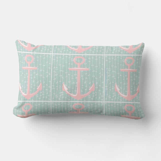 Nautical, Pink Anchor on Blue Pillow (Front)