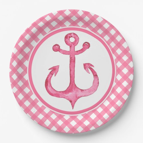 Nautical Pink Anchor Plaid Paper Plates