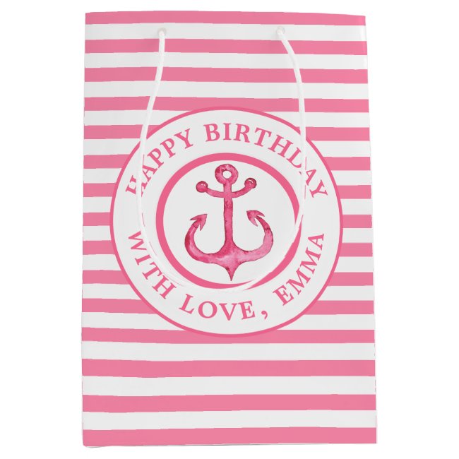Nautical Pink Anchor Striped Birthday Gift Bag